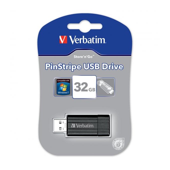 Verbatim USB flash disk, USB 2.0, 32GB, PinStripe, Store N Go, czarny, 49064, USB A, z wysuwanym złączem