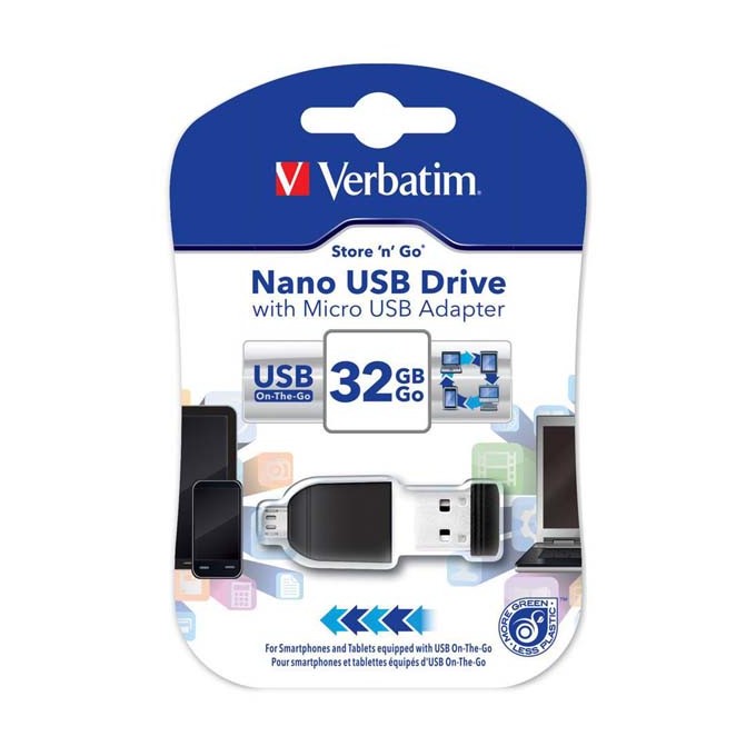 Verbatim USB flash disk, USB 2.0, 32GB, Nano, Store N Go, czarny, 49822, USB A, z adapterem mikro USB