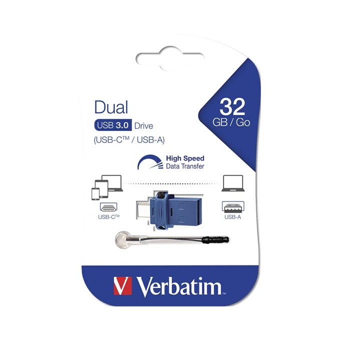 Verbatim USB flash disk OTG, USB 3.0, 32GB, Dual, niebieski, 49966, USB A / USB C, z oczkiem na brelok