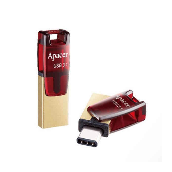 Apacer USB flash disk OTG, USB 3.0, 64GB, AH180, czerwony, AP64GAH180R-1, USB A / USB C, z obrotową osłoną