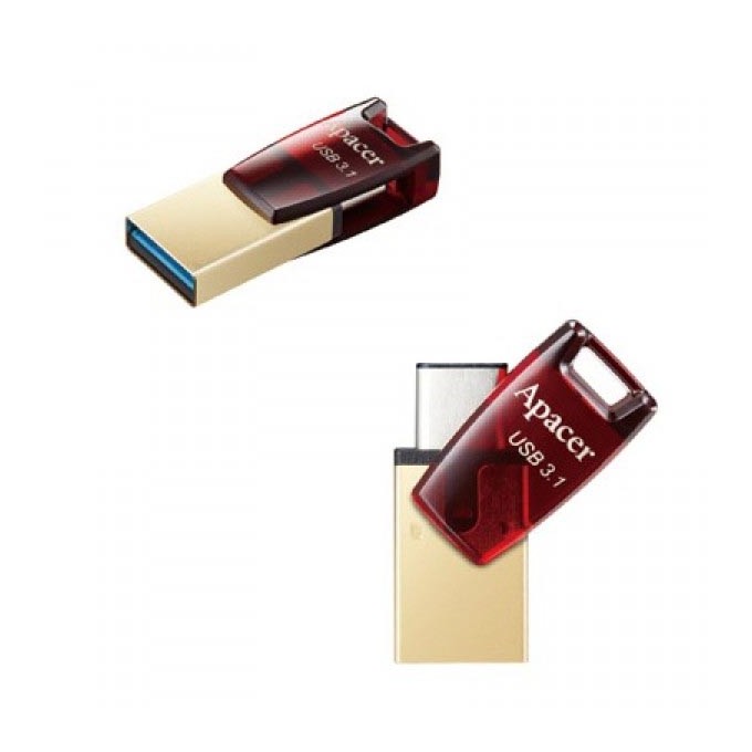 Apacer USB flash disk OTG, USB 3.0, 64GB, AH180, czerwony, AP64GAH180R-1, USB A / USB C, z obrotową osłoną