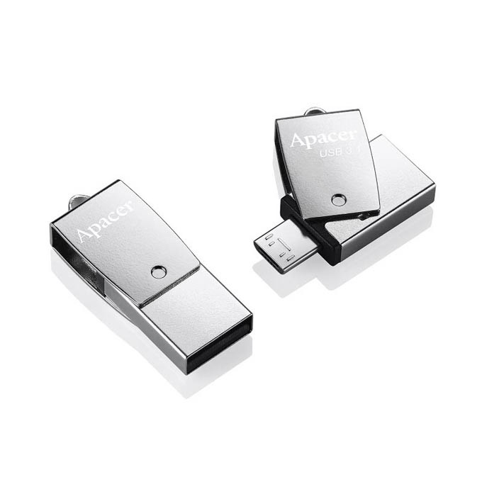 Apacer USB flash disk OTG, USB 3.0, 64GB, AH750, srebrny, AP64GAH750S-1, USB A / USB Micro  B, z obrotową osłoną