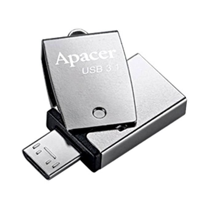 Apacer USB flash disk OTG, USB 3.0, 64GB, AH750, srebrny, AP64GAH750S-1, USB A / USB Micro  B, z obrotową osłoną