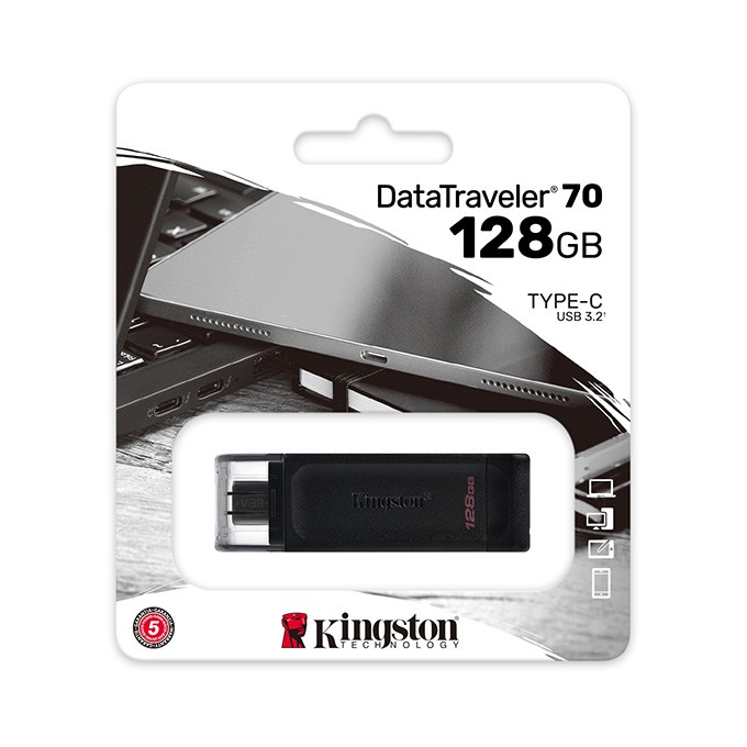Kingston USB flash disk, USB 3.0, 128GB, DataTraveler 70, czarny, DT70/128GB, USB C