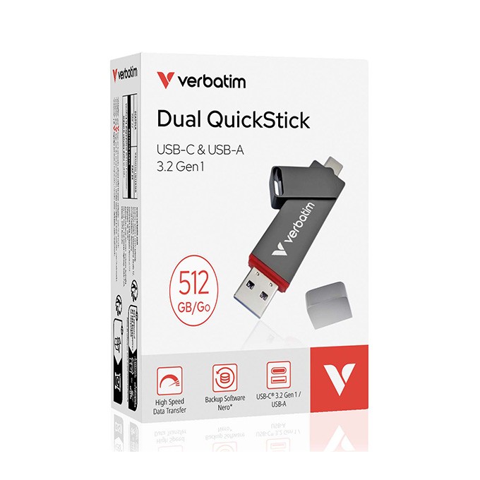 Verbatim USB flash disk, USB C a USB 3.2 Gen 1, 512GB, Dual QuickStick, szary, 32042, USB C, z oczkiem na brelok