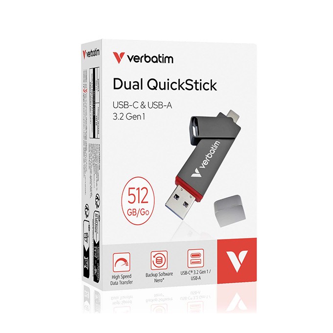 Verbatim USB flash disk, USB C a USB 3.2 Gen 1, 1000GB, Dual QuickStick, szary, 32043, USB C, z oczkiem na brelok