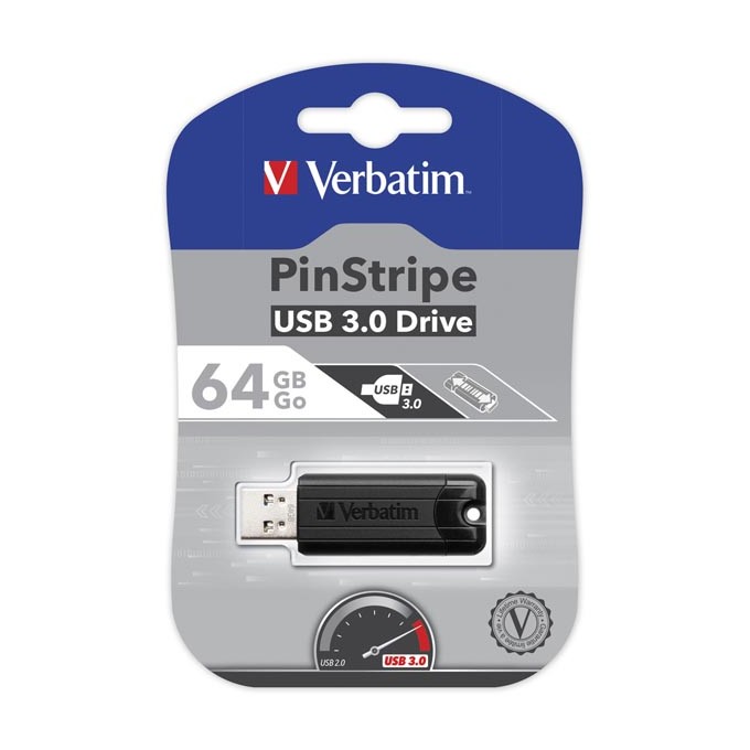 Verbatim USB flash disk, USB 3.0, 64GB, PinStripe, Store N Go, czarny, 49318, USB A, z wysuwanym złączem