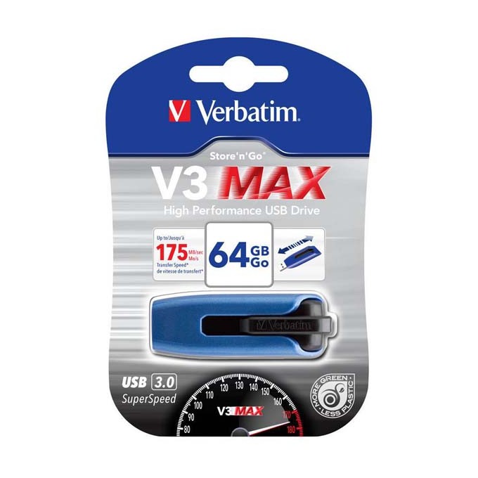 Verbatim USB flash disk, USB 3.0, 64GB, V3 MAX, Store N Go, niebieski, 49807, USB A, z wysuwanym złączem