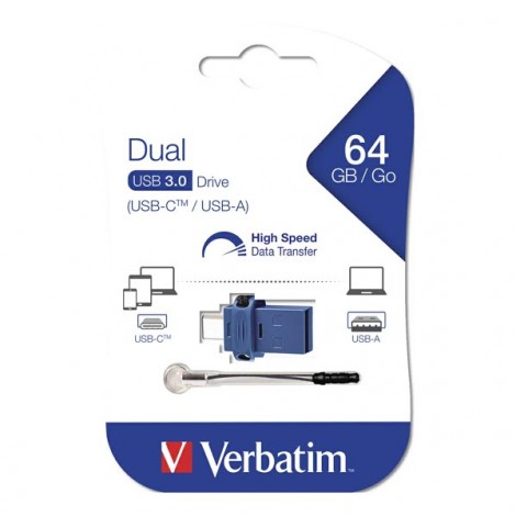 Verbatim USB flash disk OTG, USB 3.0, 64GB, Dual, niebieski, 49967, USB A / USB C, z oczkiem na brelok