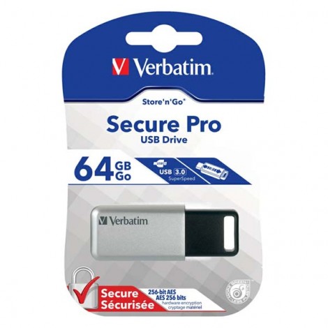Verbatim USB flash disk, USB 3.0, 64GB, Secure Pro, srebrny, 98666, USB A, szyfrowanie AES 256-bit, wysuwane złącze