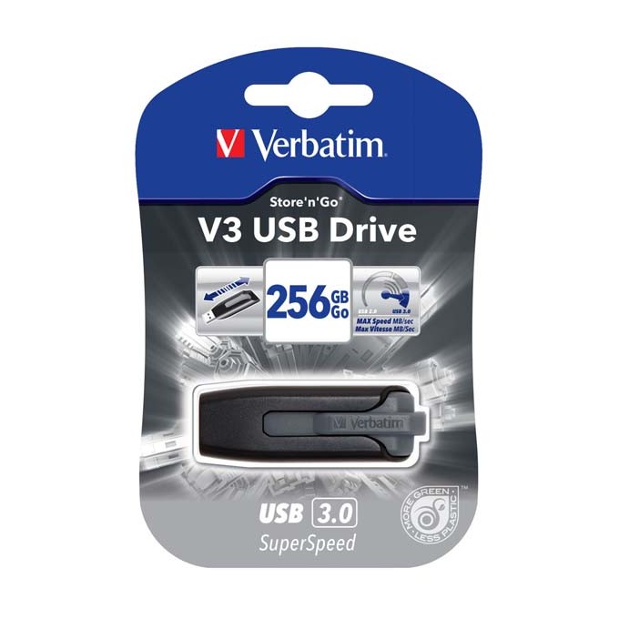 Verbatim USB flash disk, USB 3.0, 256GB, V3, Store N Go, czarny, 49168, USB A, z wysuwanym złączem