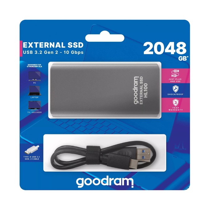 SSD Zewnętrzny Goodram HL100, SSDPR-HL100-02T, 2000GB, szary, 2.5", 450 MB/s-R, USB-C, 420 MB/s-W