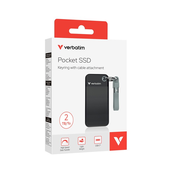 SSD Zewnętrzny Verbatim Pocket SSD Black/Grey, 32194, 2000GB, czarny, M.2, zawiera kabel USB C, 1000 MB/s-R, USB-C, 
