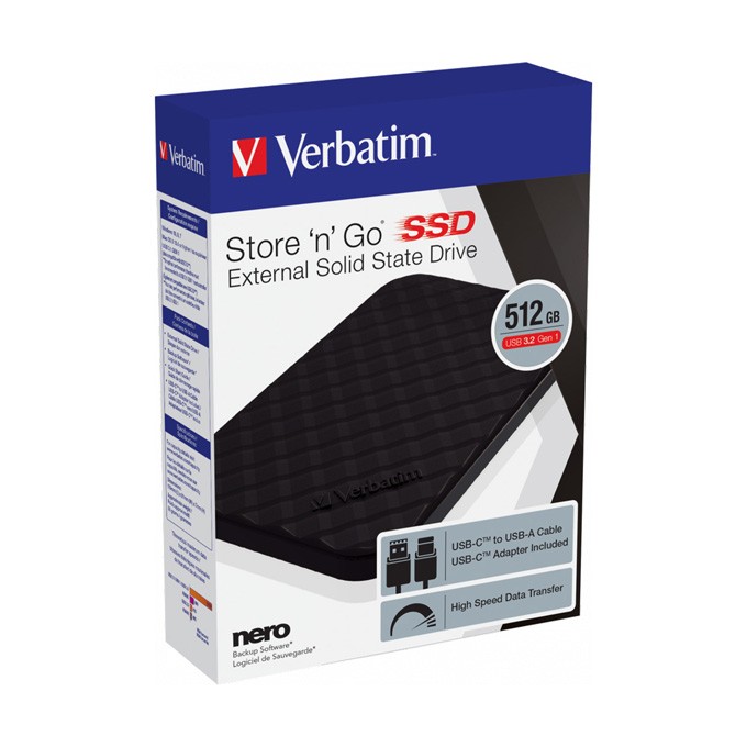 SSD Zewnętrzny Verbatim Store N Go, 53250, 512GB, czarny, USB-A/Micro-B, z adapterem USB-A na USB-C(TM), 2.5", USB-C