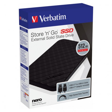 SSD Zewnętrzny Verbatim Store N Go, 53250, 512GB, czarny, USB-A/Micro-B, z adapterem USB-A na USB-C(TM), 2.5", USB-C