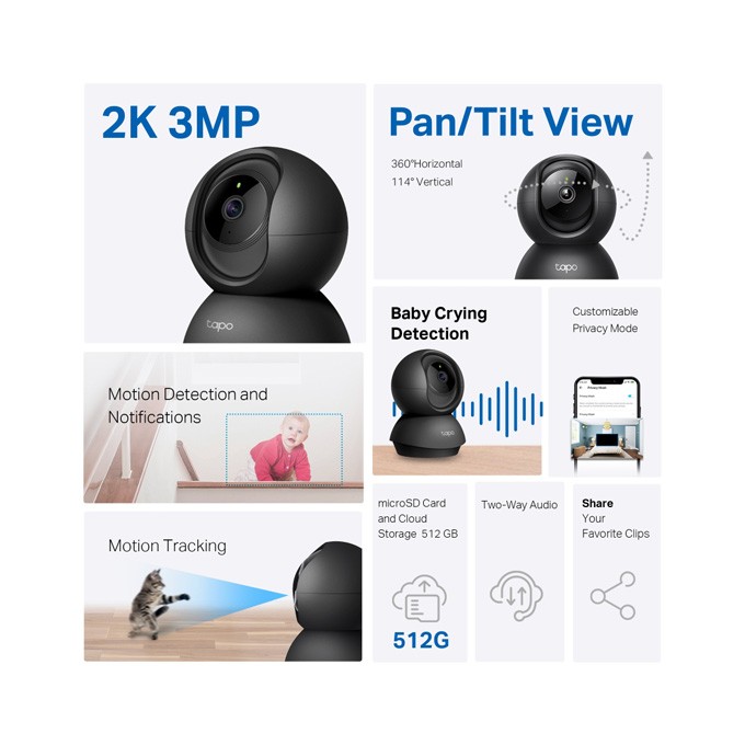 TP-link IP kamera Tapo C211, Full HD, Wifi 2.4 GHz, czarna, 360 st, tryb nocny, alarm, detekcja ruchu