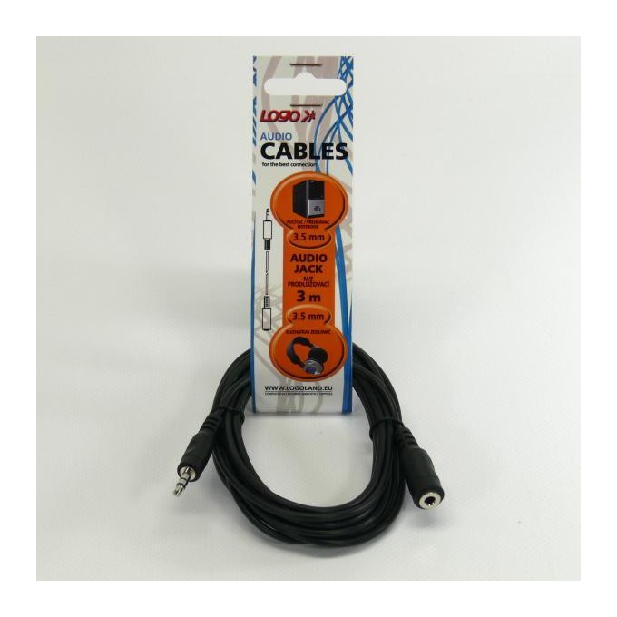 Przedłużacz do kabli audio Jack (3,5mm) M - Jack (3,5mm) F, 3m, czarna, Logo