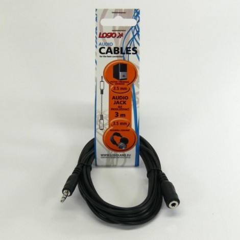 Przedłużacz do kabli audio Jack (3,5mm) M - Jack (3,5mm) F, 3m, czarna, Logo