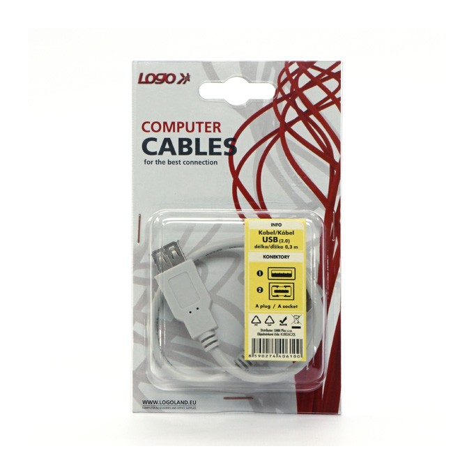 Logo Przedłużacz USB (2.0), USB A M - USB A F, 0.3m, biała, blistr
