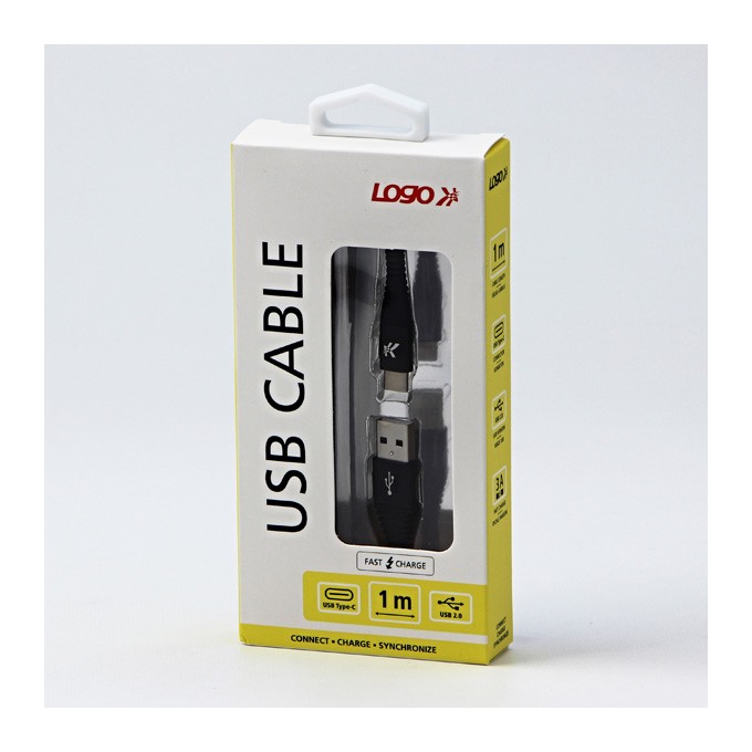 Logo USB kabel (2.0), USB A M - USB C (M), 1m, 480 Mb/s, 5V/3A, czarny, box, oplot nylonowy, aluminiowa osłona złącza