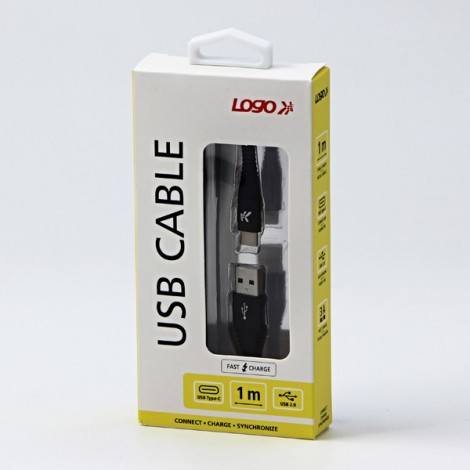 Logo USB kabel (2.0), USB A M - USB C (M), 1m, 480 Mb/s, 5V/3A, czarny, box, oplot nylonowy, aluminiowa osłona złącza