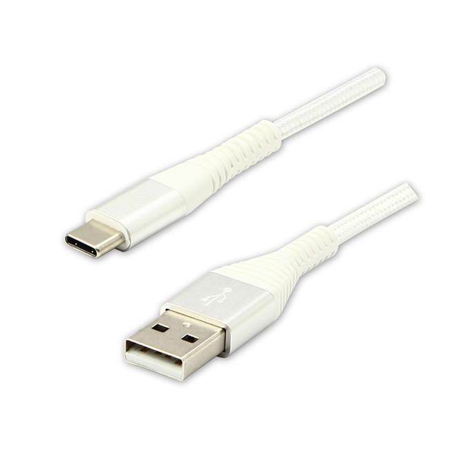 Logo USB kabel (2.0), USB A M - USB C (M), 2m, 480 Mb/s, 5V/3A, biały, box, oplot nylonowy, aluminiowa osłona złącza