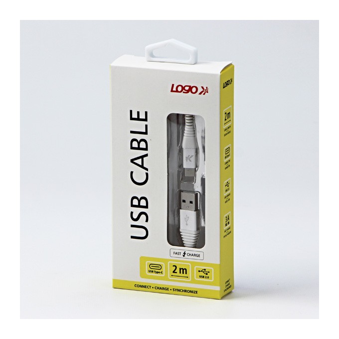 Logo USB kabel (2.0), USB A M - USB C (M), 2m, 480 Mb/s, 5V/3A, biały, box, oplot nylonowy, aluminiowa osłona złącza