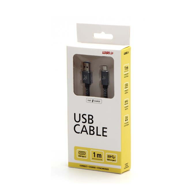Logo USB kabel (3.2 gen 1), USB A M - USB C (M), 1m, 5 Gb/s, 5V/3A, szary, box, metalowy oplot, aluminiowa osłona 