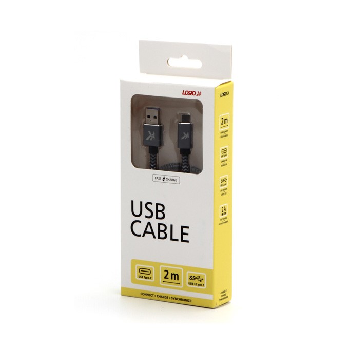 Logo USB kabel (3.2 gen 1), USB A M - USB C (M), 2m, 5 Gb/s, 5V/2A, szary, box, metalowy oplot, aluminiowa osłona 