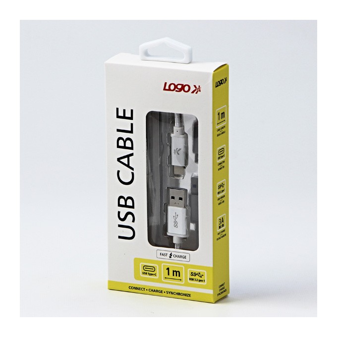 Logo USB kabel (3.2 gen 1), USB A M - USB C (M), 1m, 5 Gb/s, 5V/3A, biały, box, oplot nylonowy, aluminiowa osłona 