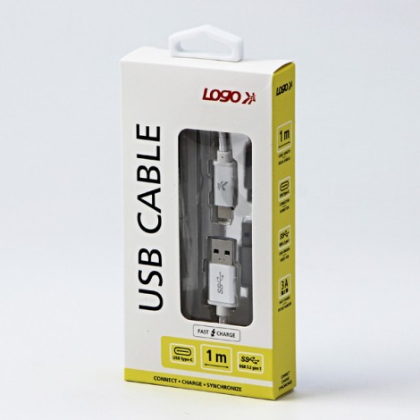 Logo USB kabel (3.2 gen 1), USB A M - USB C (M), 1m, 5 Gb/s, 5V/3A, biały, box, oplot nylonowy, aluminiowa osłona 