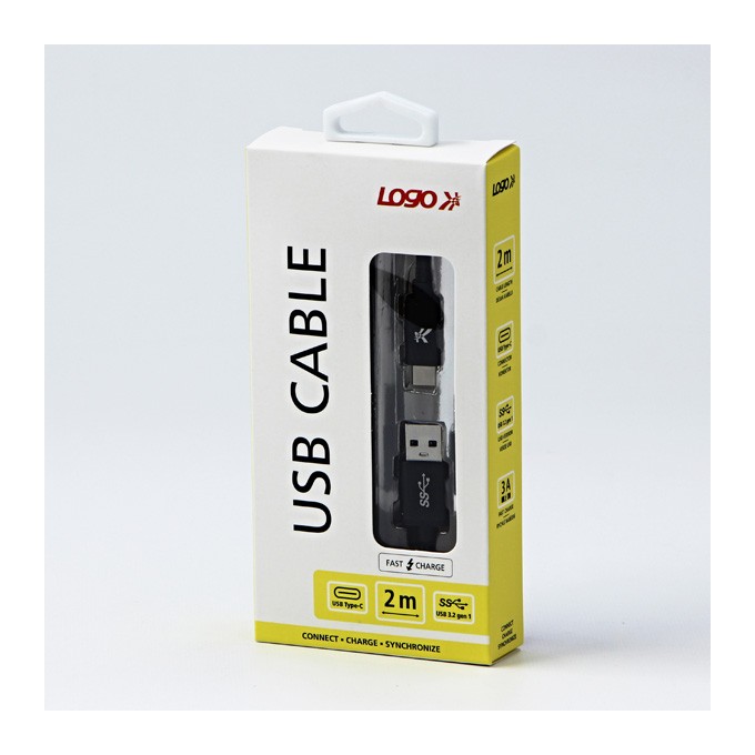 Logo USB kabel (3.2 gen 1), USB A M - USB C (M), 2m, 5 Gb/s, 5V/3A, czarny, box, oplot nylonowy, aluminiowa osłona 