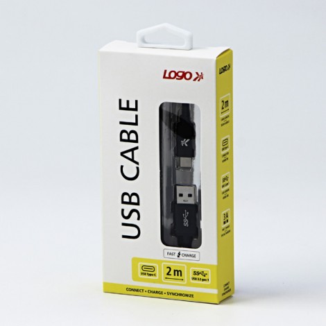 Logo USB kabel (3.2 gen 1), USB A M - USB C (M), 2m, 5 Gb/s, 5V/3A, czarny, box, oplot nylonowy, aluminiowa osłona 