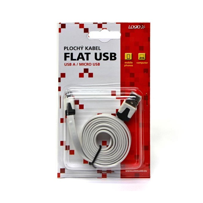 Logo USB kabel (2.0), USB A M - microUSB (M), 1m, płaski, biały, blistr, EOL