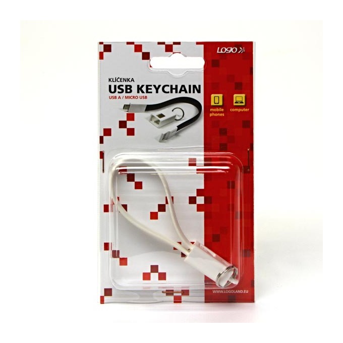 Logo USB kabel (2.0), USB A M - microUSB (M), 0.2m, biały, blistr, breloczek na klucze, EOL