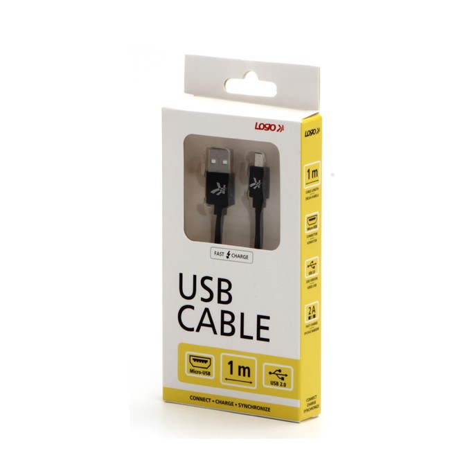 Logo USB kabel (2.0), USB A M - microUSB (M), 1m, 480 Mb/s, 5V/2A, czarny, box, oplot nylonowy, aluminiowa osłona 