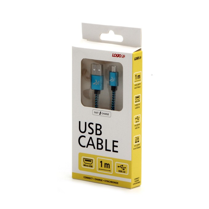 Logo USB kabel (2.0), USB A M - microUSB (M), 1m, 480 Mb/s, 5V/2A, niebieski, box, oplot nylonowy, aluminiowa osłona 