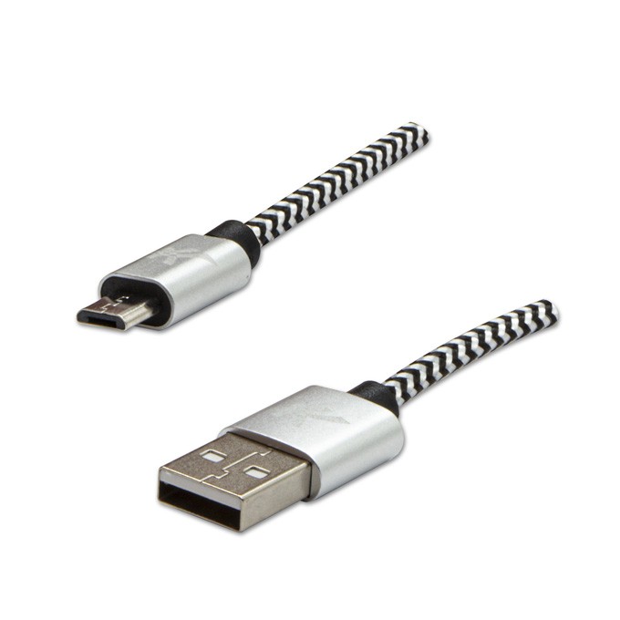 Logo USB kabel (2.0), USB A M - microUSB (M), 1m, 480 Mb/s, 5V/2A, srebrny, box, oplot nylonowy, aluminiowa osłona 