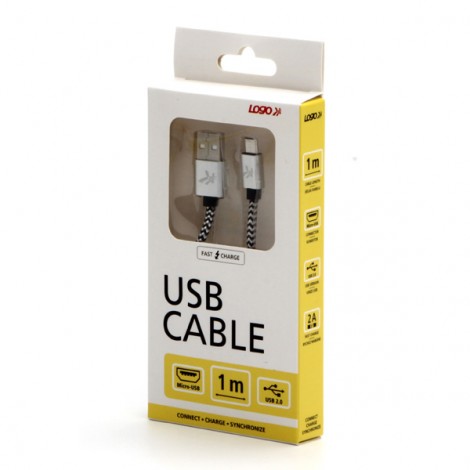 Logo USB kabel (2.0), USB A M - microUSB (M), 1m, 480 Mb/s, 5V/2A, srebrny, box, oplot nylonowy, aluminiowa osłona 