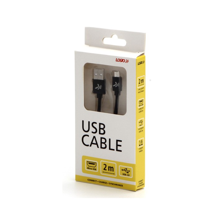 Logo USB kabel (2.0), USB A M - microUSB (M), 2m, 480 Mb/s, 5V/1A, czarny, box, oplot nylonowy, aluminiowa osłona 