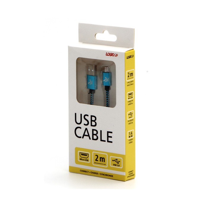 Logo USB kabel (2.0), USB A M - microUSB (M), 2m, 480 Mb/s, 5V/1A, niebieski, box, oplot nylonowy, aluminiowa osłona 
