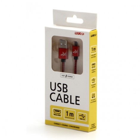 Logo USB kabel (2.0), USB A M - microUSB (M), 2m, 480 Mb/s, 5V/1A, czerwony, box, oplot nylonowy, aluminiowa osłona 