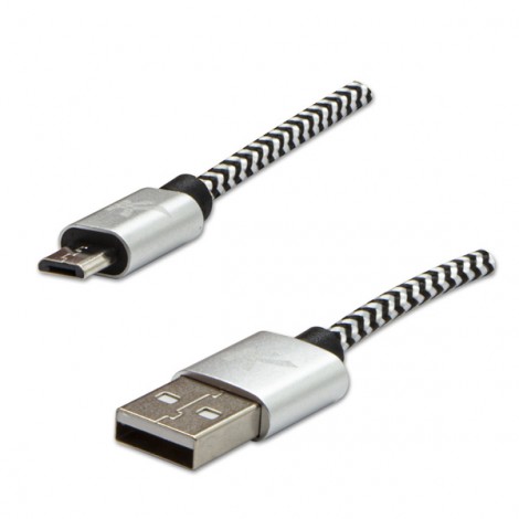 Logo USB kabel (2.0), USB A M - microUSB (M), 2m, 480 Mb/s, 5V/1A, srebrny, box, oplot nylonowy, aluminiowa osłona 