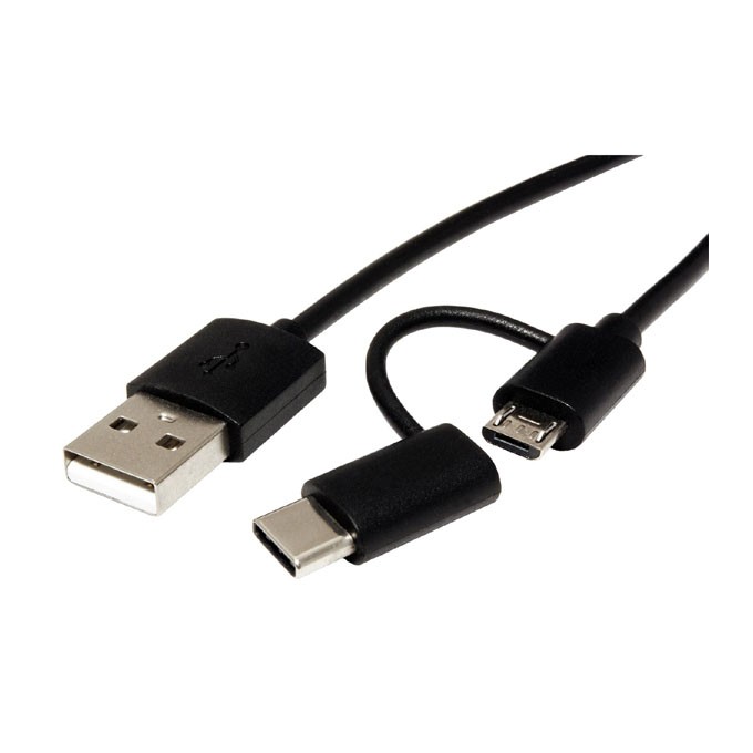 USB kabel (2.0), USB A M - microUSB (M) + USB C (M), 1m, okrągły, czarny, plastic bag, z redukcją do USB C, EOL