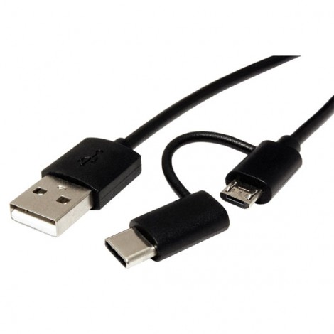 USB kabel (2.0), USB A M - microUSB (M) + USB C (M), 1m, okrągły, czarny, plastic bag, z redukcją do USB C, EOL