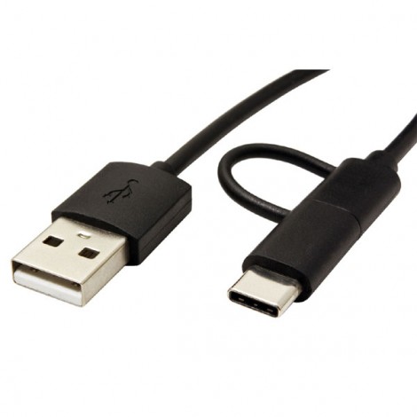 USB kabel (2.0), USB A M - microUSB (M) + USB C (M), 1m, okrągły, czarny, plastic bag, z redukcją do USB C, EOL