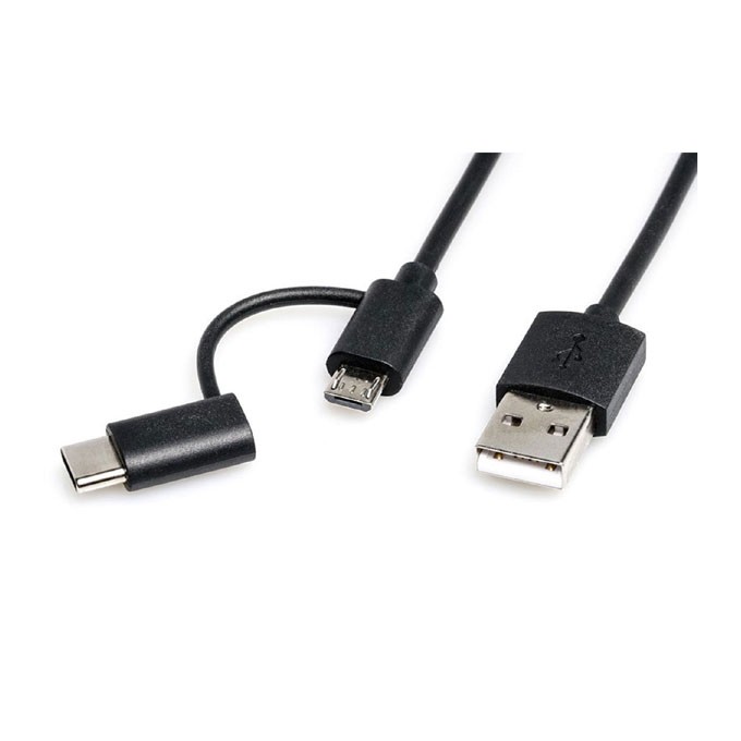USB kabel (2.0), USB A M - microUSB (M) + USB C (M), 1m, okrągły, czarny, plastic bag, z redukcją do USB C, EOL