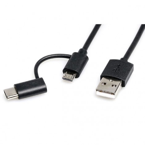 USB kabel (2.0), USB A M - microUSB (M) + USB C (M), 1m, okrągły, czarny, plastic bag, z redukcją do USB C, EOL