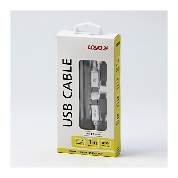 Logo USB kabel (3.2 gen 1), USB C (M) - USB C (M), 1m, 5 Gb/s, 5V/3A, biały, box, oplot nylonowy, aluminiowa osłona 