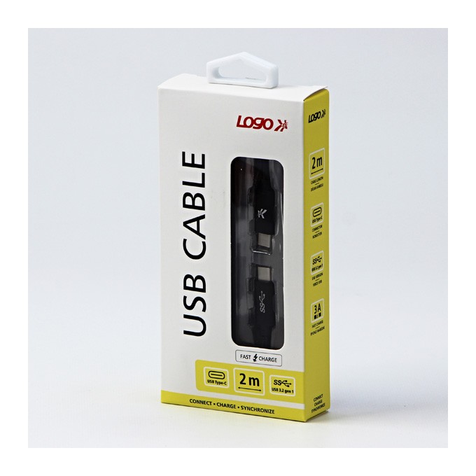 Logo USB kabel (3.2 gen 1), USB C (M) - USB C (M), 2m, 5 Gb/s, 5V/3A, czarny, box, oplot nylonowy, aluminiowa osłona 